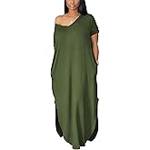Women's Summer Casual Short Sleeve V Neck Tshirt Long Dress Loose Side Split Beach Maxi Dresses with Pocket