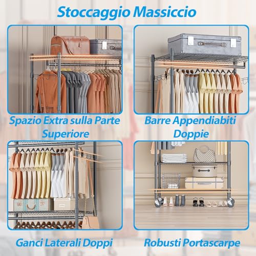 Himimi Double Coat Rack with Height-Adjustable Shelves, Coat Rack with 2 Hooks, Clothes Trolley with Wheels, 60 x 42 x 205 cm, Grey