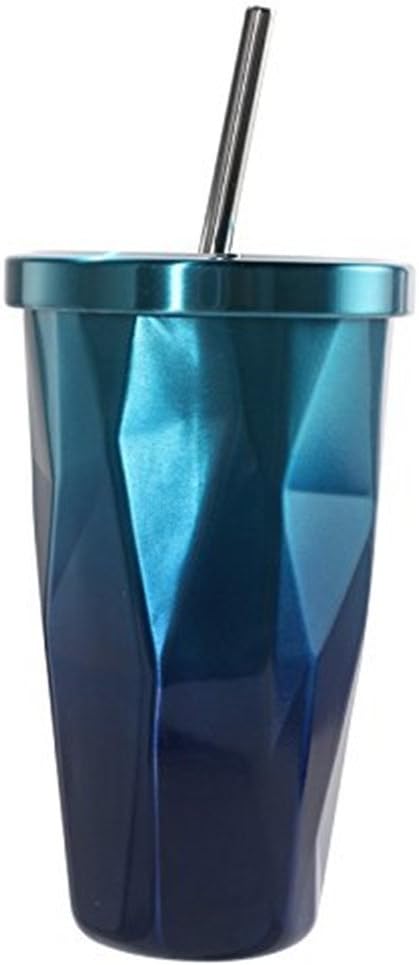 Stainless Steel Tumbler with Straw - Wim Hot and Cold Double Wall Drinking Cups Coffee Mugs 16oz Irregular Diamond with Lid (Blue)