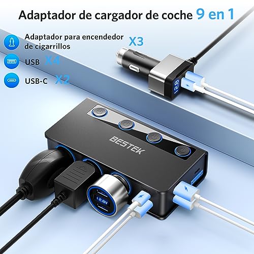 BESTEK Car Charger 180W, USB-C PD USB QC3.0 Car Charger, 12V/24V Car Cigarette Lighter Adapter with 3 Cigarette Sockets 6 USB Ports with LED Display for iPhone Dash Cam
