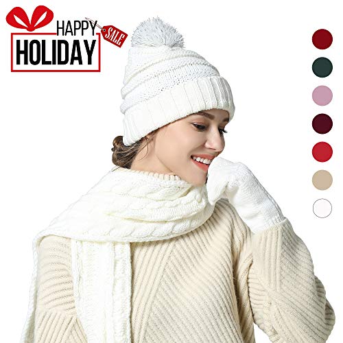 Hat Gloves Scarf Set Knit Soft Pompom Touch Screen New Warm 3 Peices Cold Weather Gift Winter for Women Girl