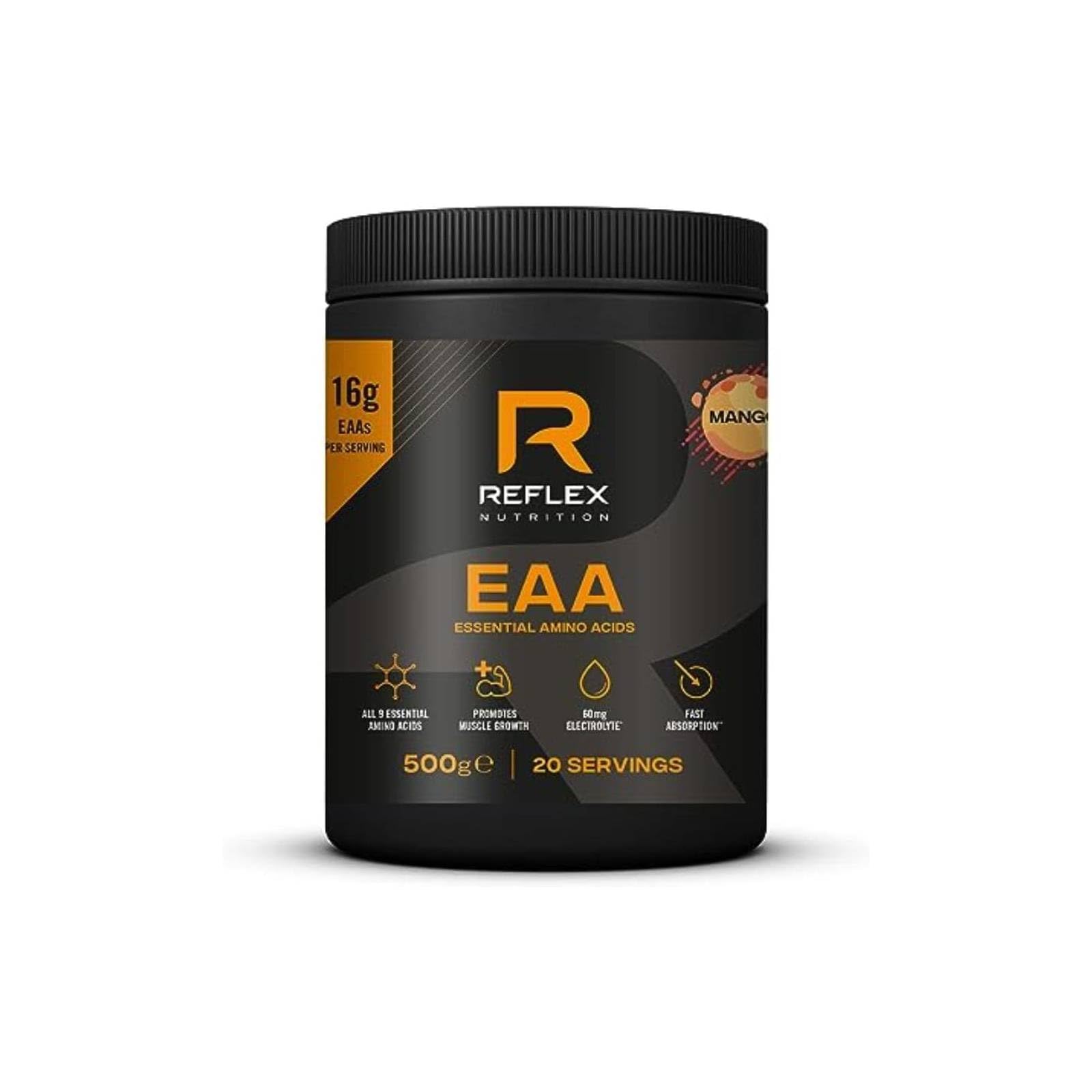 Reflex Nutrition EAA - Complete Essential Amino Acids - 16g EAAs with BCAAs, Vitamin B6, Electrolytes - Full Spectrum Amino Acids Powder for Muscle Growth & Recovery (Mango, 500g, 20 servings)