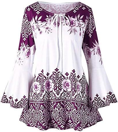 Sale Women’s Blouse Sunday77 Tops Daily V-Neck Printed Flare Sleeve Keyhole Plus Size Long Sleeve Cotton Ladies Loose T Shirts for Women