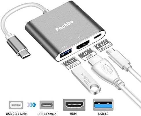Pachbo USB C to HDMI Adapter,Type C to HDMI Converter with USB 3.0+USB-C PD ports,3 in 1 Multi USB C Adapter for Apple MacBook 12"/MacBook pro 13" 2016 2017,Samsung Galaxy S8/S8 Plus/Note 8(Gray)