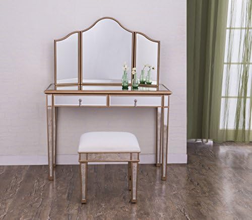 Mirrored Vanity Table 42 in. x 18 in. x 31 in. and Mirror 39 in. x 24 in. and Chair 18 in. x 14 in. x 18 in. 