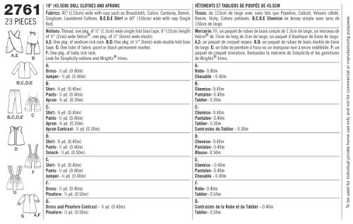 Simplicity Sewing Pattern 2761 Doll Clothes, One Size