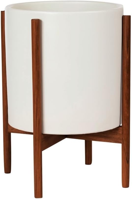 Modernica Ceramic X-Large Cylinder Planter | White/Wood Stand