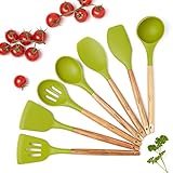 Wood Handle Silicone Spatula Utensil Set - 7 Natural Acacia Wood and Silicone Kitchen Utensils for Cooking - Nonstick Kitchen Gadgets - Heat Resistant Wooden Tools - Set includes Spoons, Spatula