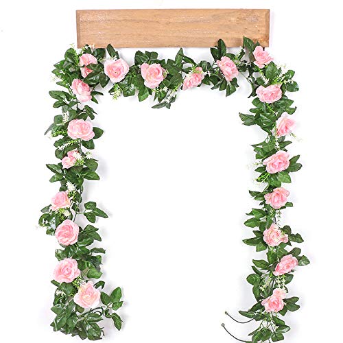 Shiwaki 2PCS 200cm/78inch Artificial Rose Rattan Artificial Flower Silk Flower Plastic Flower Plant Wedding background home decoration-Light Pink