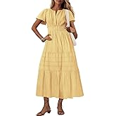 utcoco Women's 2025 Summer Short Sleeve V Neck Maxi Dress Casual Smocked Elastic Waist Flowy Swing Long Dress