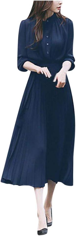 Excursion Clothing Women's Elegant Pleated Belted Solid Long A Line Dress V-Neck Long Sleeve Button Casual Work Office Flare Maxi Dress