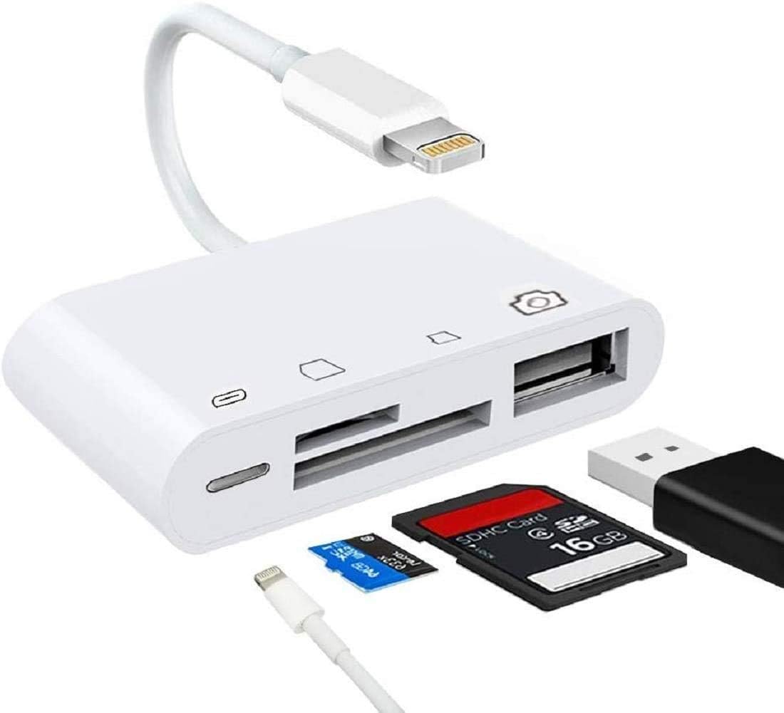 SD TF Card Reader,Compatible iPhone iPad iPod for iOS 13 Work with Mouses Keyboards Hubs U-Disks,USB OTG Camera Connection Kits 4 in 1 SD T-Flash Card Reader Adapter Plug and Play (White)