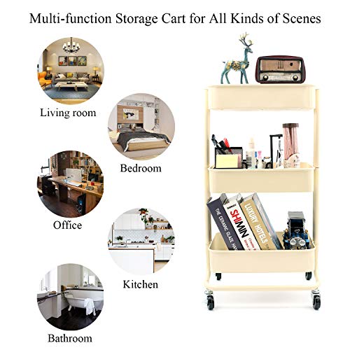 3-Tier Metal Storage Rolling Cart with Utility Mesh Basket and Wheels, Multifunction Heavy Duty Large Shelves, Mobile Organization Service Trolley for Office, Kitchen, Bedroom, Bathroom (Beige)