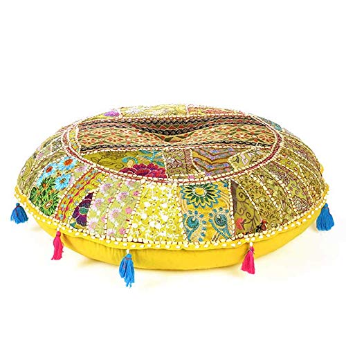 Eyes of India - 32" Big Yellow Round Colorful Decorative Floor Pillow Cover Seating Patchwork Patchwork Cushion Bohemian Accent Boho Chic Handmade COVER ONLY
