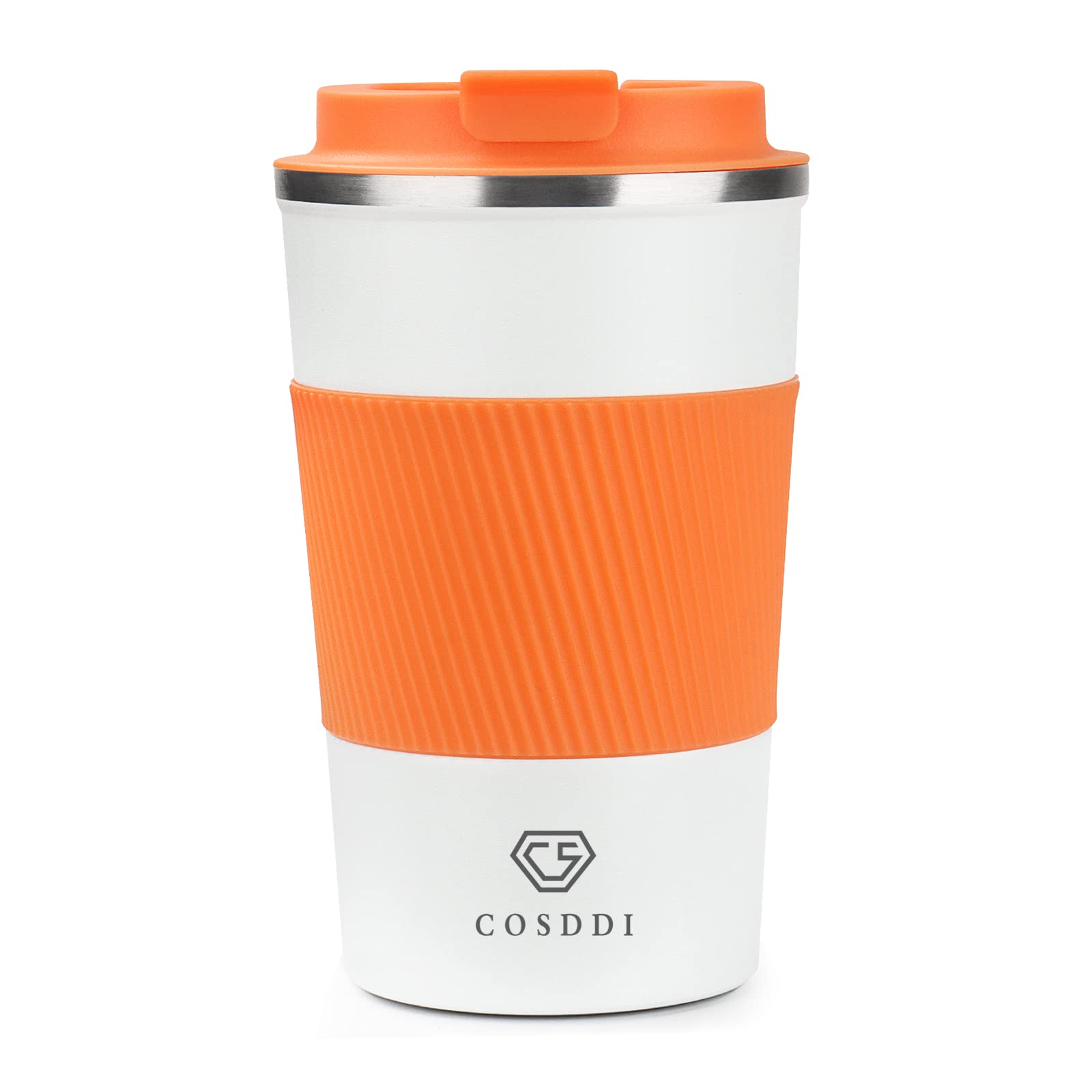 CS COSDDI Travel Mugs, Insulated Cup With Leakproof Lid - Reusable Travel Mug - Car Cup - Stainless Steel Mug for Hot and Cold Coffee, Water and Tea (Orange White, 380 ml)