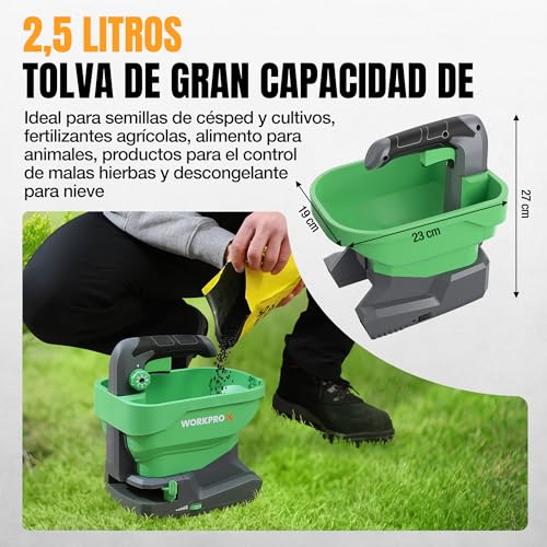 WORKPRO X 7.2 V Universal Rechargeable Battery Seeder, 8 Flow Levels, 6 Speeds and Adjustable Projection Width, Spreader for Lawn Seed, Fertilizer and Anti-Ice Salt