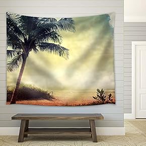 Retro Style Landscape with Palm Tree and Sea - Fabric Tapestry, Home Decor - 51x60 inches