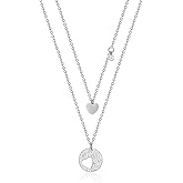 Rockyu Silver Layered Heart Necklace for Women Elegant Cubic Zirconia Double Chain Pendant Jewelry Romantic Gift for Her