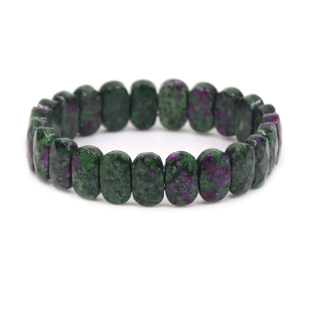 CHENYUE Natural Ruby in Zoisite Gemstone 14mm Faceted Oval Beads Stretch Bracelet 7.5 Inch Unisex