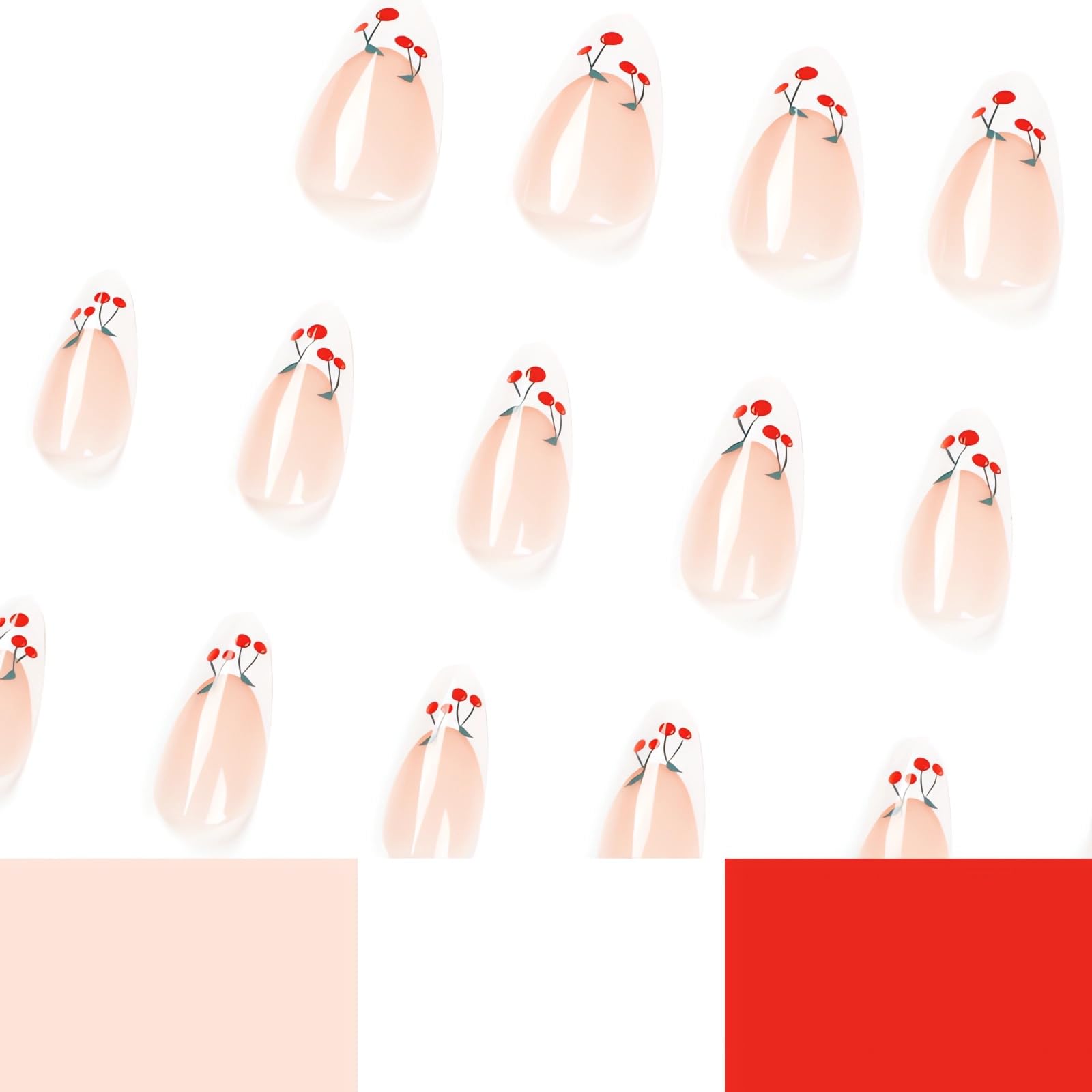 White French Tip Press on Nails Almond Summer Cherry Fake Nails Medium Length Glue on Nails Glossy Almond Medium Nails Acrylic False Nails Exquisite Design Stick on Nails for Women Girls Nail Art - Image 4