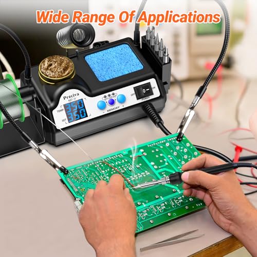 Preciva 927 IV Soldering Station Kit, 130W MAX Soldering Iron with 2 Helping Hands,Magnifying Glass,5 Extra Iron Tips,3 Preset Channels, Adjustable Temperature 194°F to 896°F