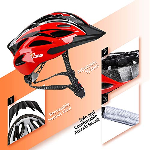 JBM Adult Cycling Bike Helmet Specialized for Men Women Safety Protection CPSC Certified (18 Colors) Black/Red/Blue/Pink/Silver Adjustable Lightweight Helmet (Red & Black (New), Adult)
