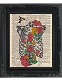 Dictionary Art Print - Ribcage with Flowers and Humming Bird - Printed on Recycled Vintage Dictionary Paper - 8.5