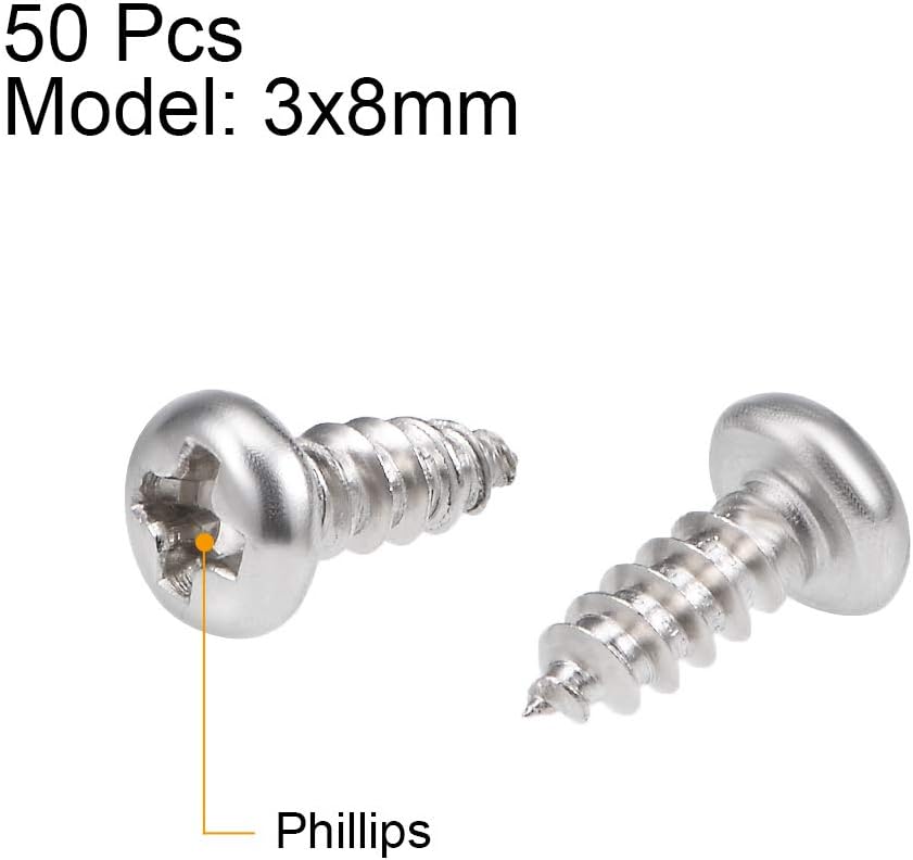 sourcing map 3x8mm Self Tapping Screws Phillips Pan Head Screw 316 Stainless Steel Fasteners Bolts 50Pcs, M3x8mm - Image 3