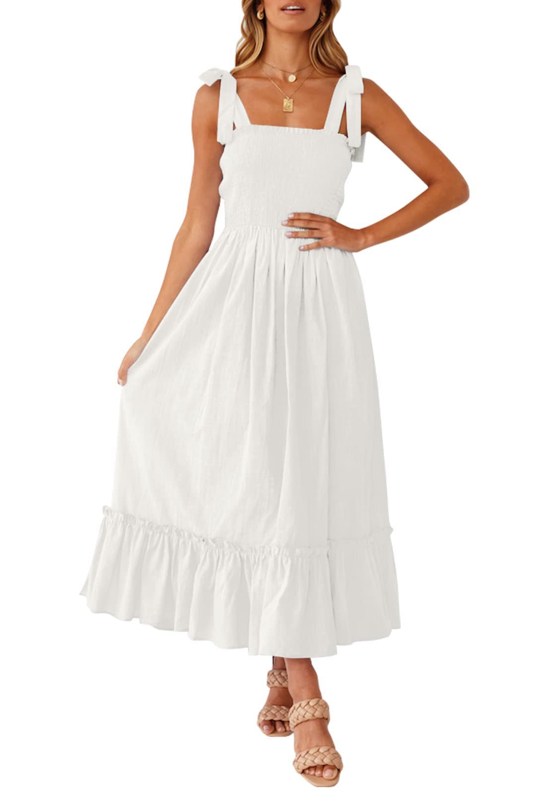 Photo 1 of ********stained***** ZESICA Women's 2025 Summer Boho Spaghetti Strap Square Neck Solid Color Ruffle A Line Beach Long Maxi Dress,White,Small