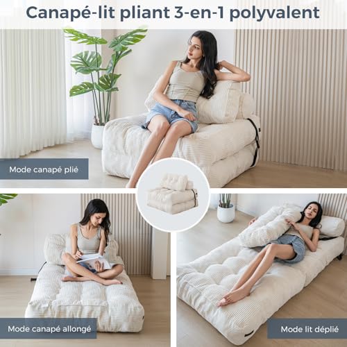 MAXYOYO Sofa Bed Foldable Convertible with Pillow, Mattress with Back Support, Portable Comfortable Sofa Bed for Living Room Bedroom Beige