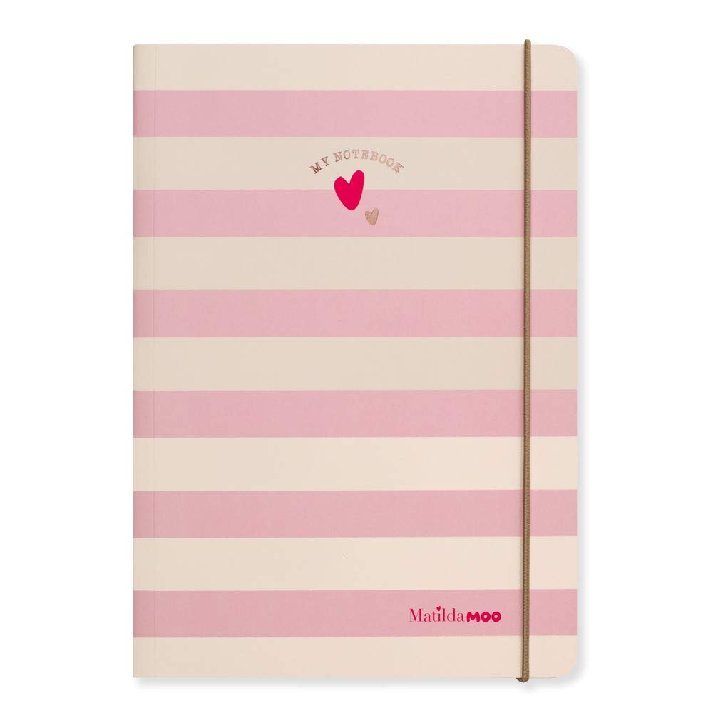 Matilda Moo A5 Notebook from A5 Lined Pages | Elastic Closure | Flexible Card Covers | Rose Gold | 80gsm Paper | Pink with Stripes