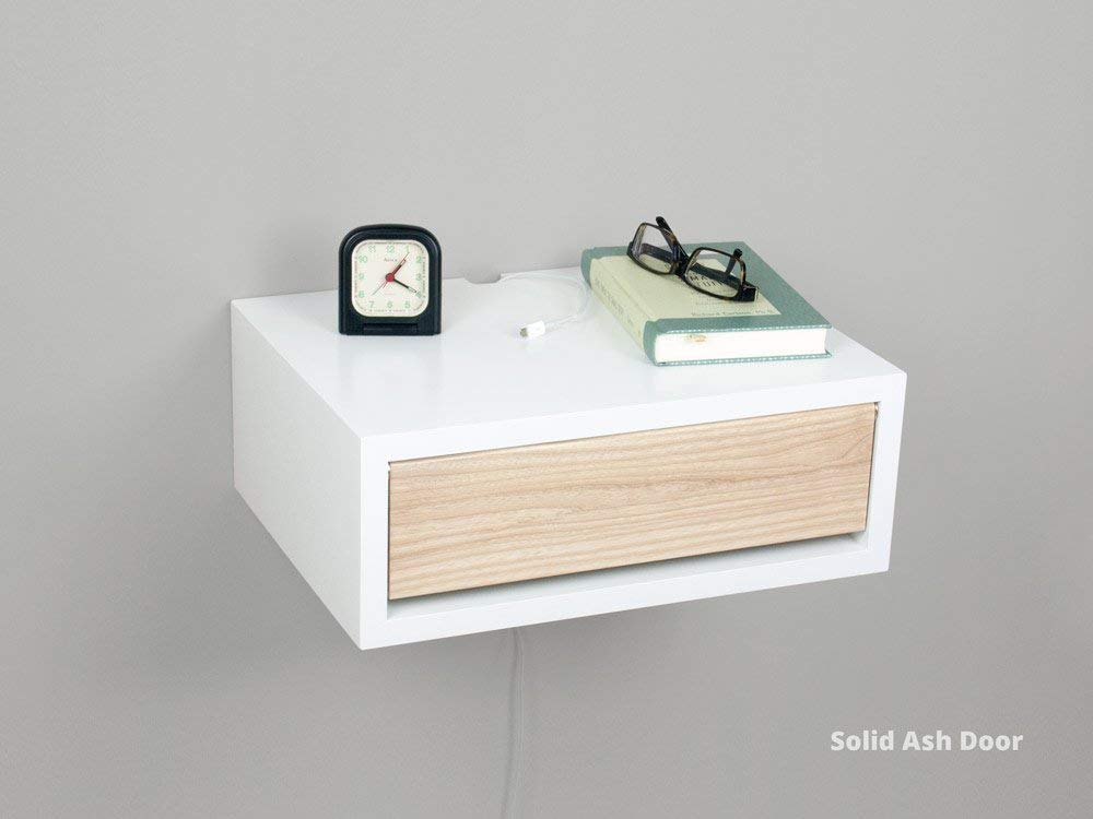 White Contemporary Floating Nightstand, Wall Mount