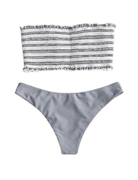 ZAFUL Bikini de dos piezas sin tirantes a rayas con volantes ahumados para dama