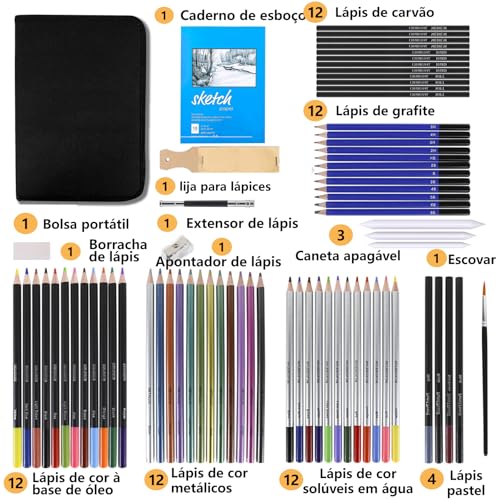 GODREAM Kit Lapis de Desenho Profissional 74 Peças com Estojo Portátil, Lapis de Cor e Grafite Profissional, Sketchbook, Borrachas, Estilete e Acessórios para Artistas e Estudantes Linha Super Premium
