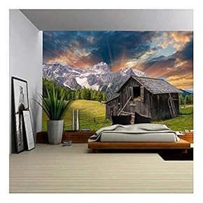 Shack on a Mountain Meadow - Sunset with Fields and Peaks. - Removable Wall Mural | Self-Adhesive Large Wallpaper - 66x96 inches