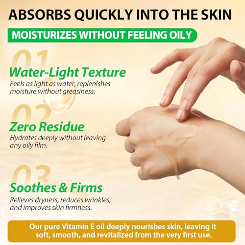 Pure Vitamin E, 100% Natural Vitamin E Oil for Skin, Organic Vitamin E Oil 75,000 IU, for Scars and Stretch Marks, Hydration of Dry Skin and Reduces Wrinkles, Firming Skin, 60 ml