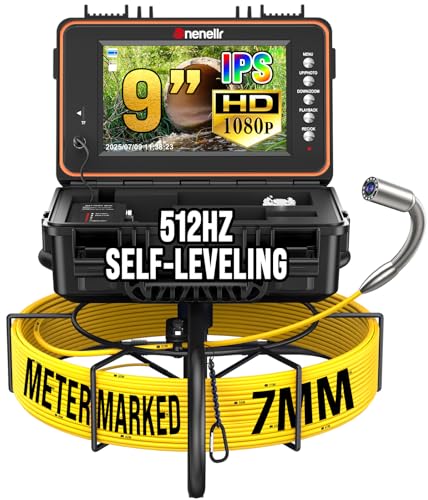 Dnenellr Tube Inspection Camera, 7 mm Thick Cable with Metric Signs, with 512Hz Probe and Auto-Leveling Function 1080P, 9 Inch IPS HD Screen Cable, 32GB DVR, 5100mAh Battery, IP68 (30M)