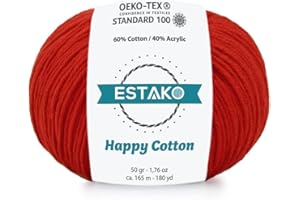 Estako Happy Cotton, 60% Cotton 40% Acrylic Yarn, Soft, Fine/Sport (2) for Crochet and Knitting 1.76 Oz (50g) / 180 Yrds (165m) (4510 - Red)