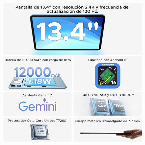Easerush P13 Tablets 13.4 Pulgadas, 2.4K 120Hz Tablet Android 16 & Gemini AI, 48GB RAM + 128GB ROM, T7280, 12000mAh, Widevine L1, 13MP+8MP, Altavoces Duales, Tablet con Teclado, Lapiz, Funda, Azul