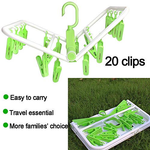 iTOWE Drip Hanger with 20Clip Pegs, Portable Folding Clothes Drying Rack Space Saving Travel Rotatable Clips,Plastic Clothesline Hanging Underwear Socks Laundry Drying Hanger Rack for Home or Outdoor