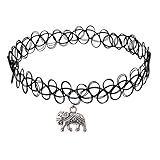 Longil Women Vintage Black Gothic Stretch Elastic Double Line Henna Tattoo Choker Collar Necklace with Elephant Pendant Charm Hippy Popular for 80s 90s