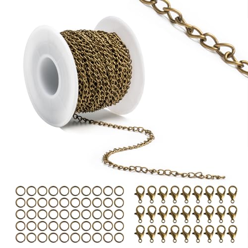 Lemonkey 33 Feet Metal Bronze Necklace Chains Curb Links Chains Bulk for Jewelry Making DIY Craft Kit with Lobster Clasps Jump Rings