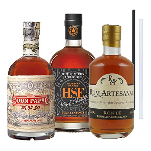 Don Papa Rum, HSE Black Sheriff Rum und RA Ron de Republica Dominicana - Das 3+2 Rum Set, inkl. 2 Glasdrinkhalme (2x0,7l…
