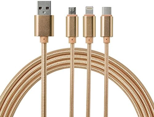Hgrope 3 in 1 PowerLine USB 2.0 (4ft) Charging Cable with Micro USB, USB Type C, Lighting Cable Compatible for iPhone 5/5s/5c 6/6s Plus, Latest Mac, Android Phones(Gold)