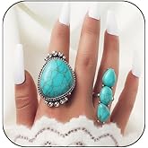 Meztole Turquoise Rings for Women Bohemian Turquoises Ring Set Vintage Western Rings for Finger Stackable Knuckle Ring Western Jewelry