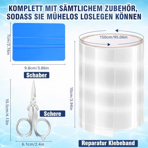 HuakChai Pool Repair Kit, Waterproof Tape for Underwater, 10 x 150 cm, PVC Pool Patches, Self-Adhesive Set with Scissors & Squeegee, for Inflatable Pool, Inflatable Boat, Air Mattress