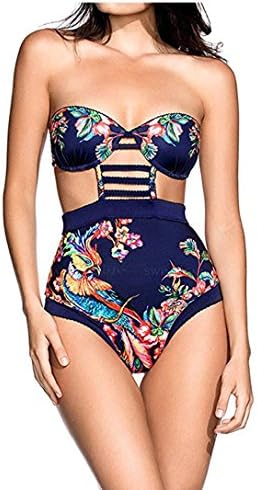 Elegant Strapless Phoenix Print High Waisted Bikini One Piece Beach Bathing Suit,Multi,Small