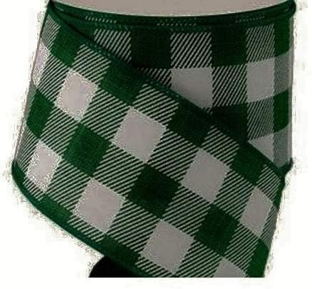 Green & White Plaid Buffalo Wide Check Ribbon Wire Edged 2.5" x 15' feet