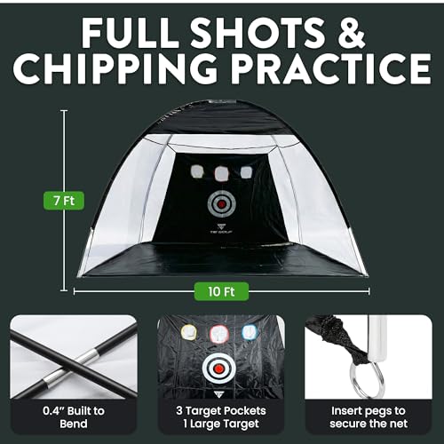 TS Golf Practice Net with Mat & Chipping Target – 3x2.1m Golf Driving Nets for Garden & Indoor Use – Complete Set with Tri-Turf Mat, 5 Balls, 3 Tees & Carry Bag for Golf Practice, chipping game