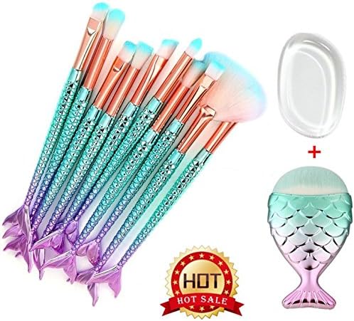 Mermaid Makeup Brushes 12 Pcs, Eyeshadow Brushes Foundation Blush Cosmetic Concealer Eyebrow Makeup Brushes with Silicone Makeup Sponge